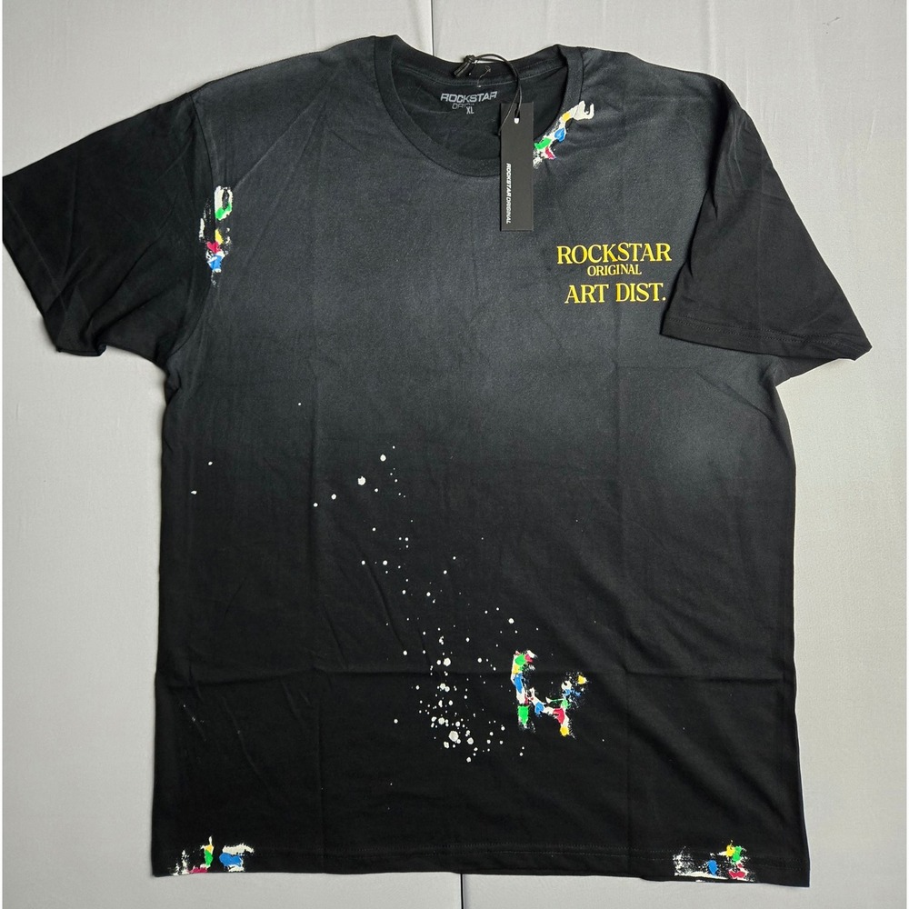 Rockstar Original Art Dist. T-Shirt Mens XL Black Paint Splatter Graphic Tee